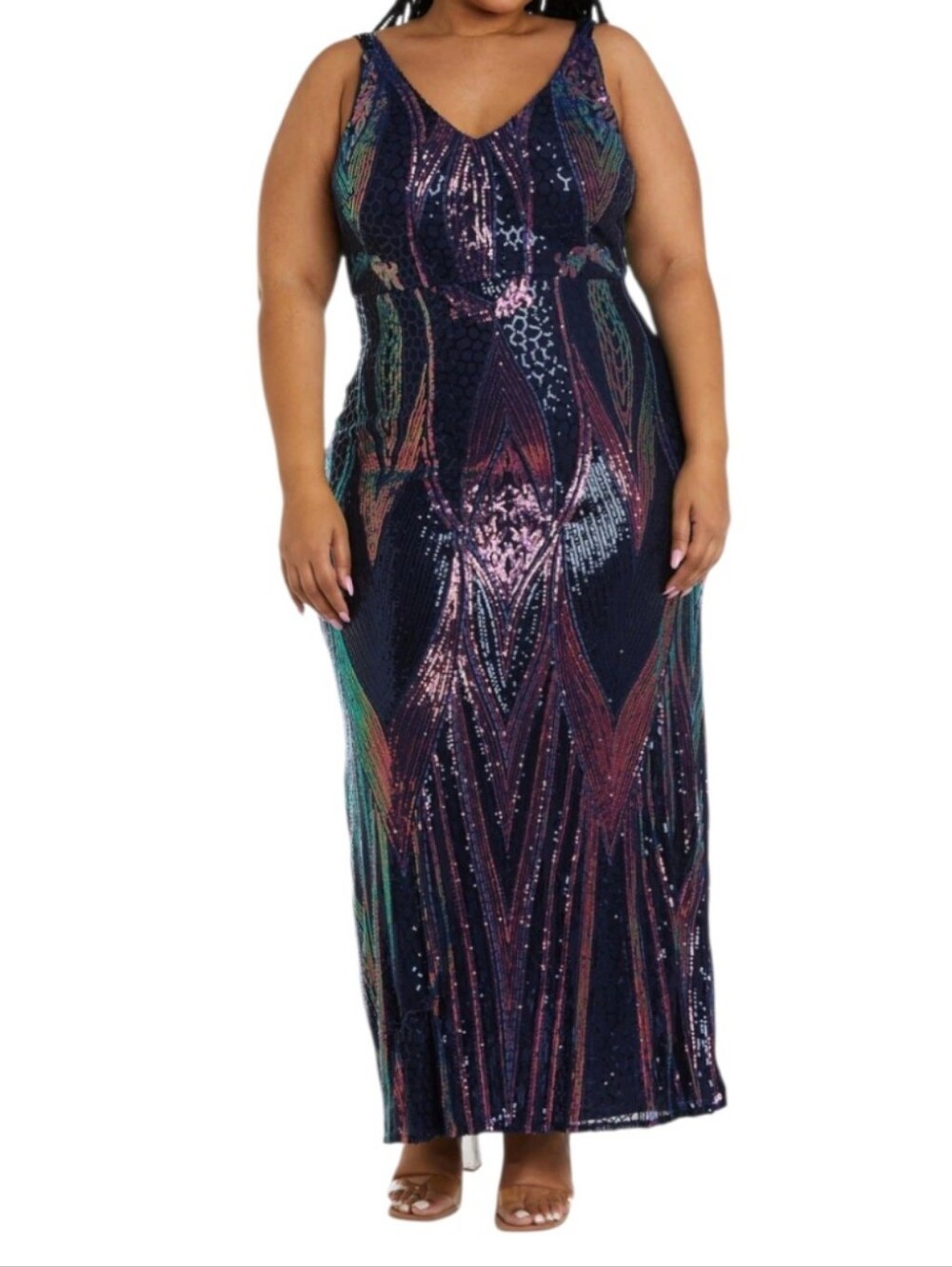 NW NIGHTWAY Navy Sequin V-Neck Dress with Multicolor Size 18